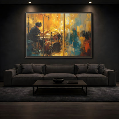 Mockup 3. Abstract Drummer Drummer Yellow Blue shown as framed canvas print
