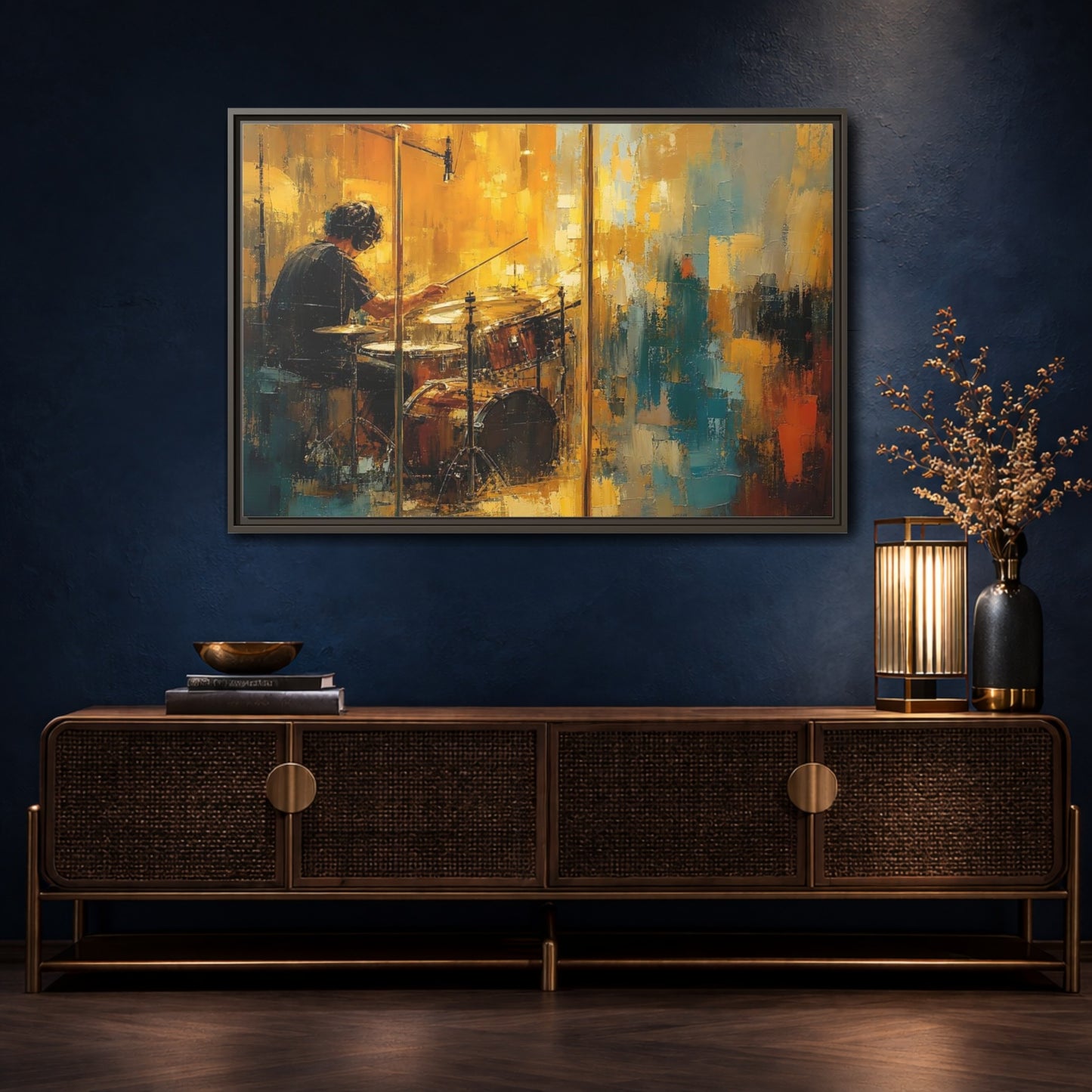 Mockup 4. Abstract Drummer Drummer Yellow Blue shown as framed canvas print