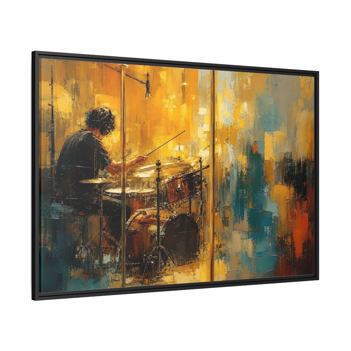 Side Mockup 12. Abstract Drummer Drummer Yellow Blue shown as framed canvas print