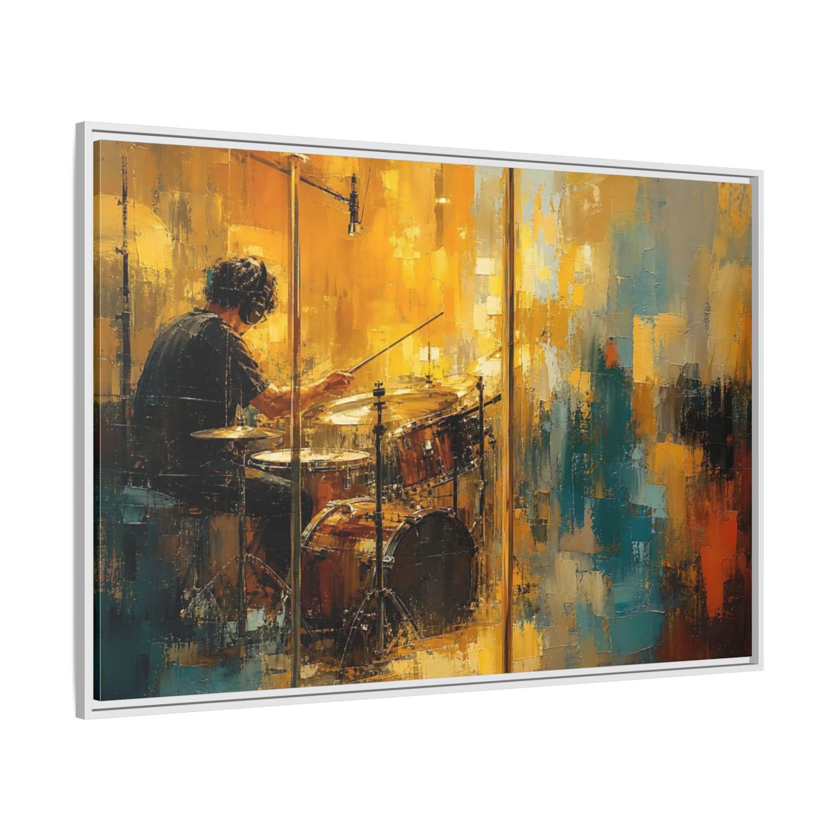 Side Mockup 7. Abstract Drummer Drummer Yellow Blue shown as framed canvas print