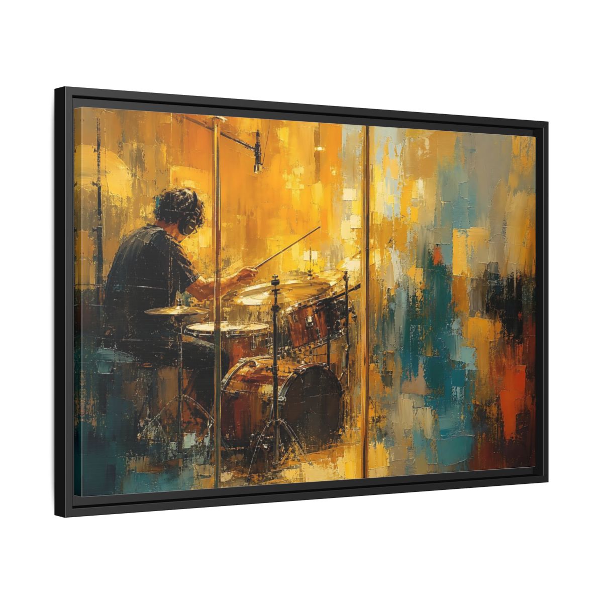 Side Mockup 14. Abstract Drummer Drummer Yellow Blue shown as framed canvas print