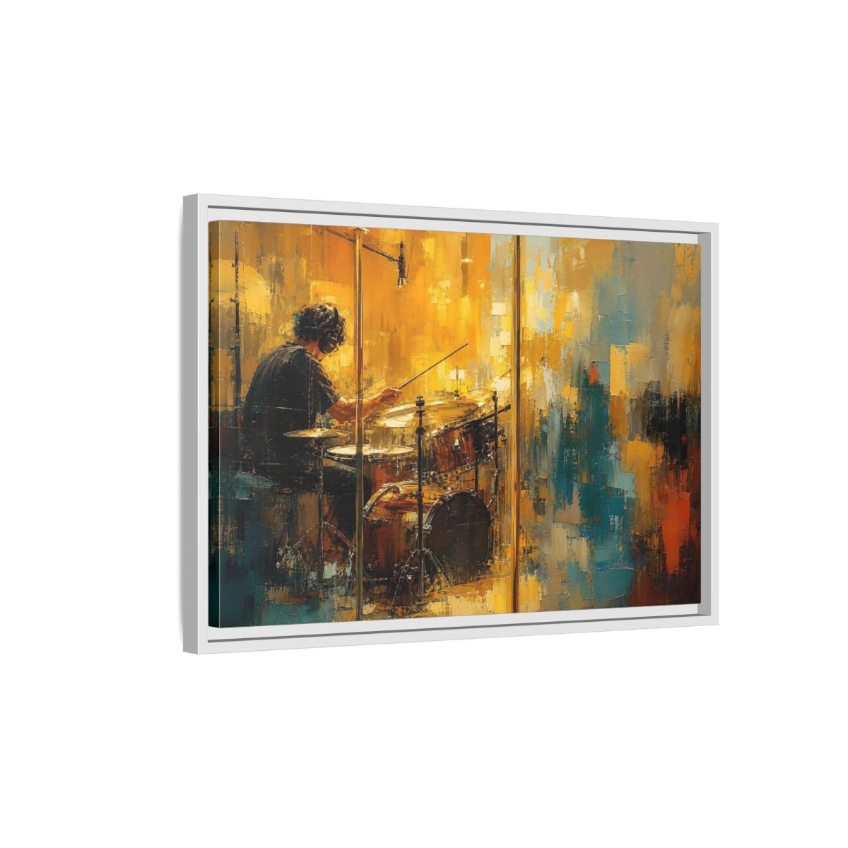 Side Mockup 1. Abstract Drummer Drummer Yellow Blue shown as framed canvas print