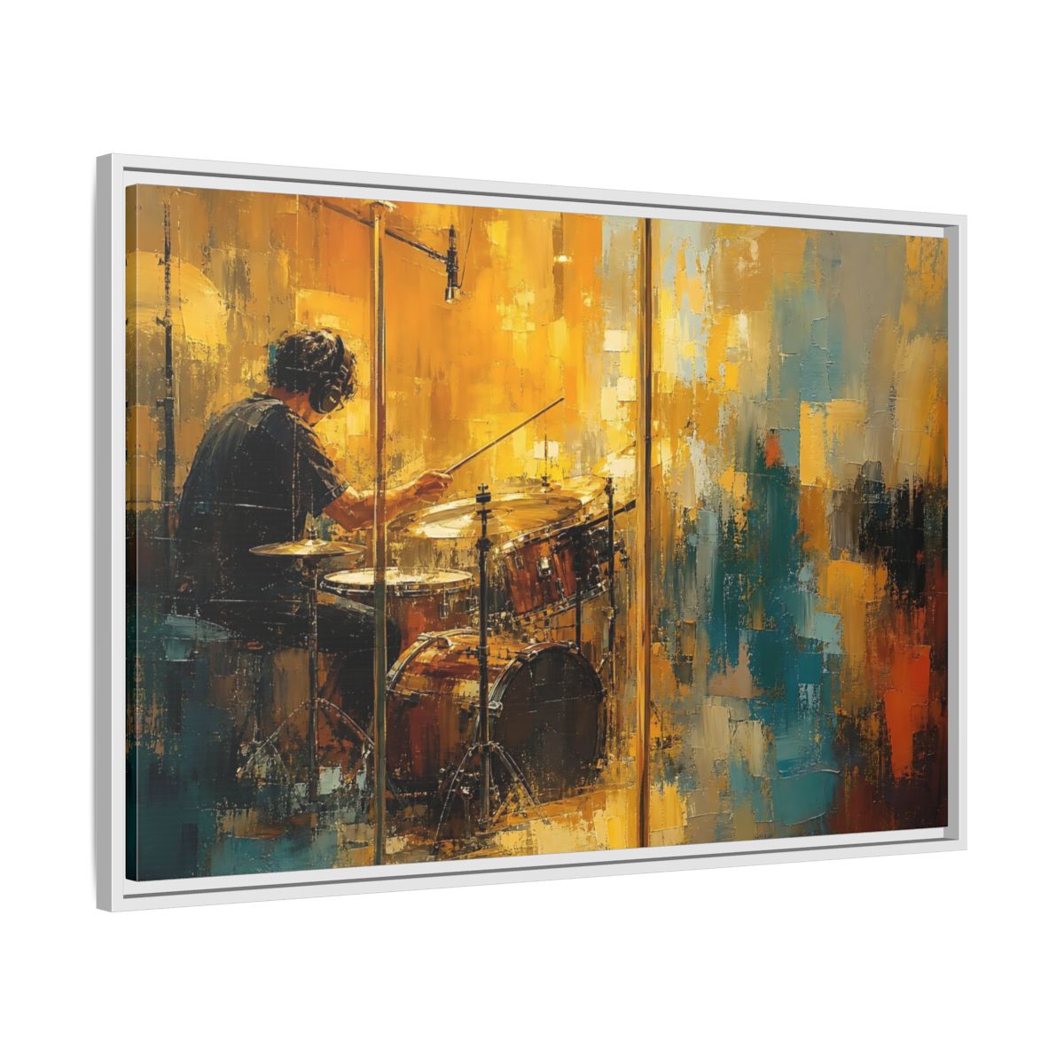 Side Mockup 9. Abstract Drummer Drummer Yellow Blue shown as framed canvas print