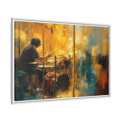 Side Mockup 9. Abstract Drummer Drummer Yellow Blue shown as framed canvas print