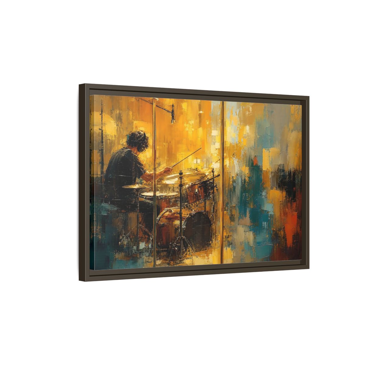 Side Mockup 2. Abstract Drummer Drummer Yellow Blue shown as framed canvas print