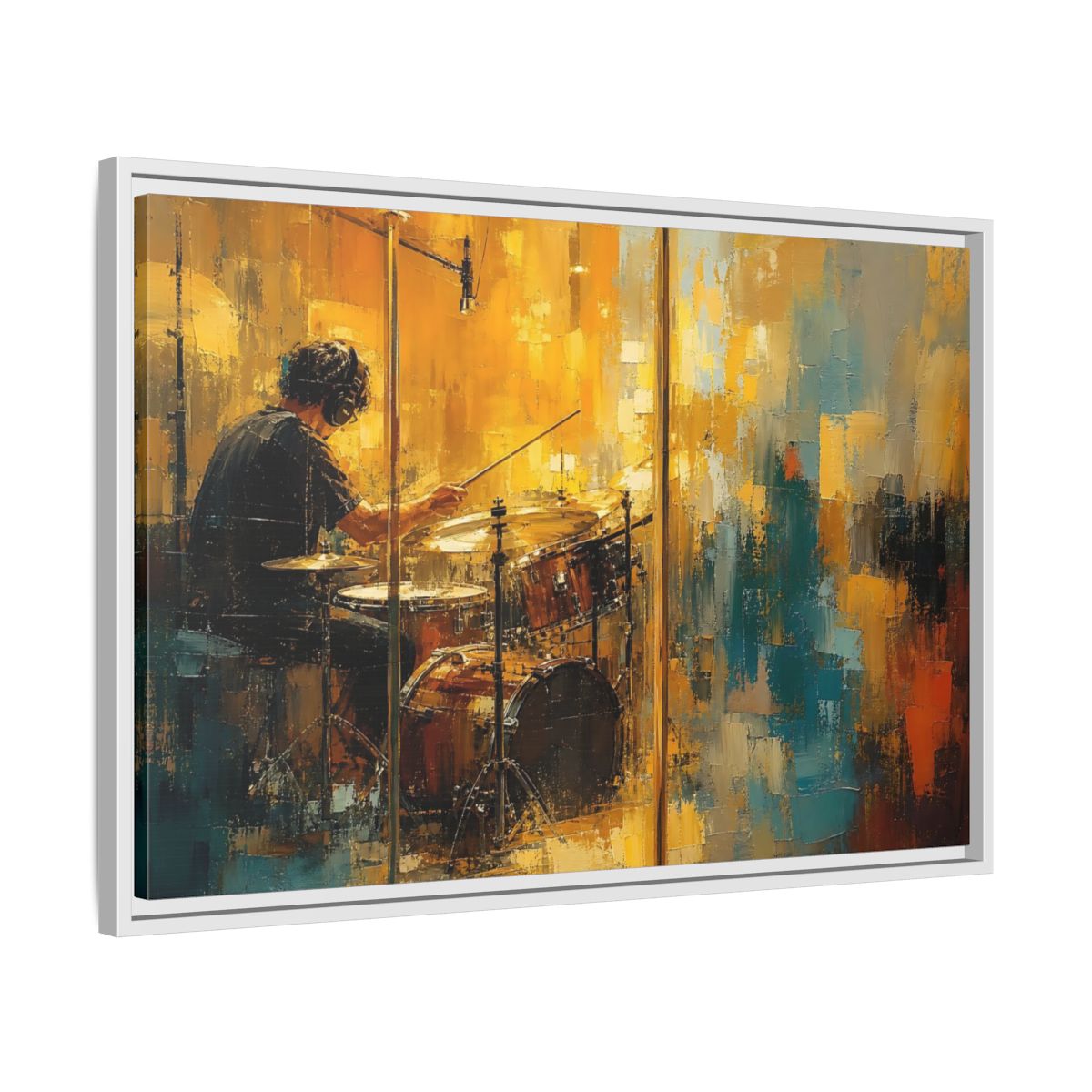 Side Mockup 10. Abstract Drummer Drummer Yellow Blue shown as framed canvas print