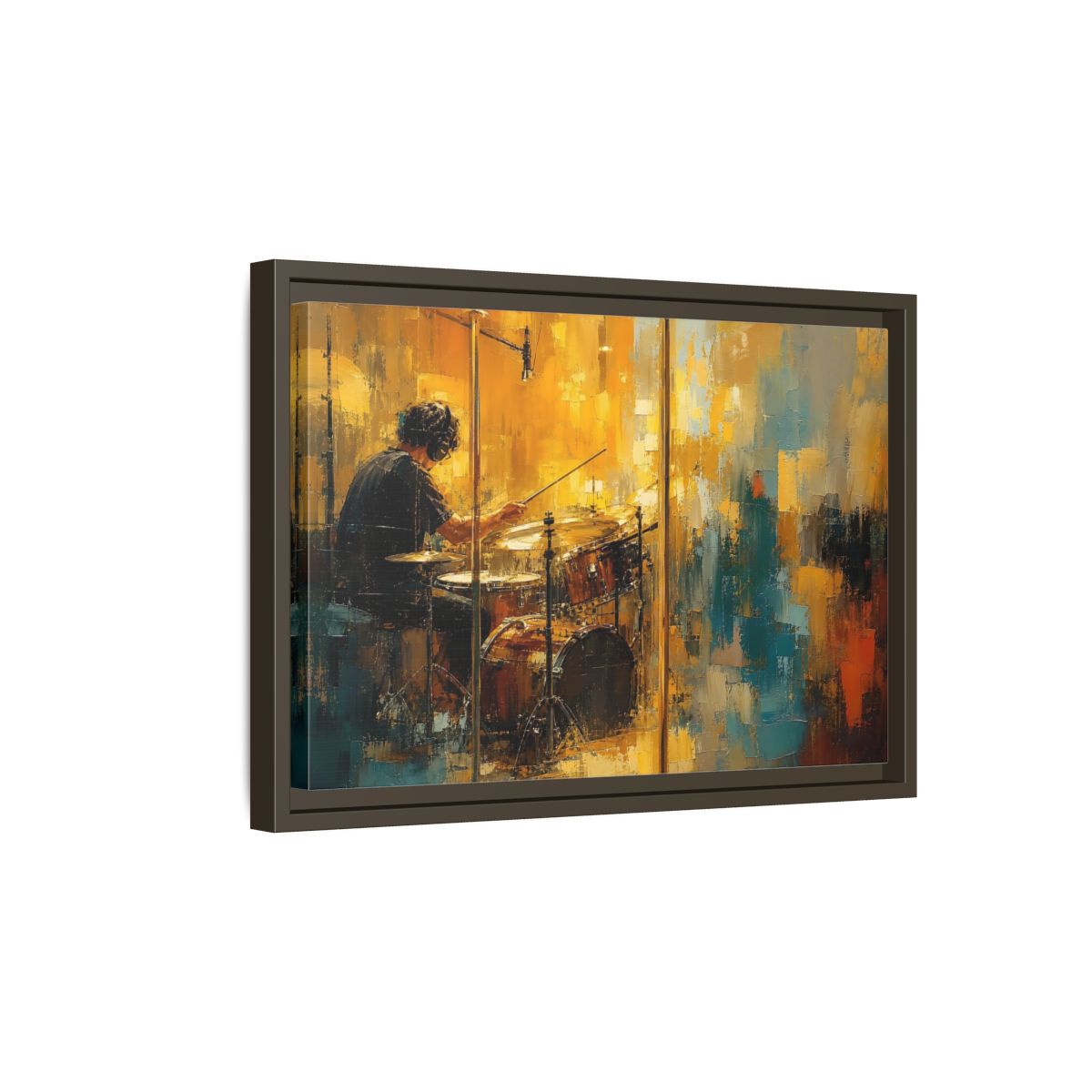 Side Mockup 5. Abstract Drummer Drummer Yellow Blue shown as framed canvas print