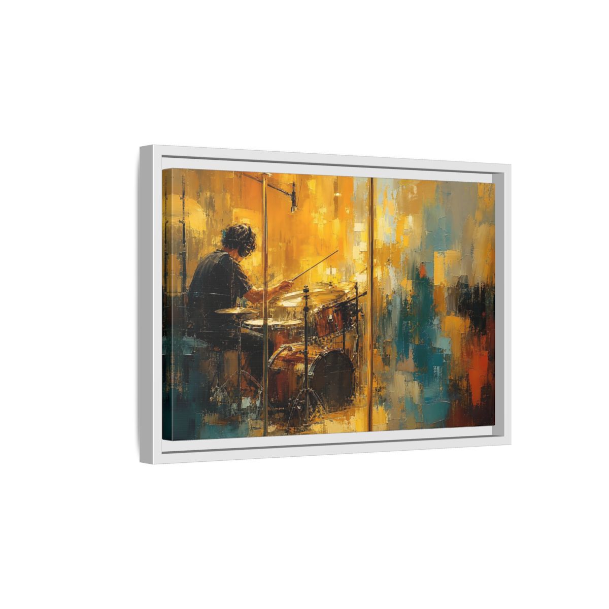 Side Mockup 4. Abstract Drummer Drummer Yellow Blue shown as framed canvas print