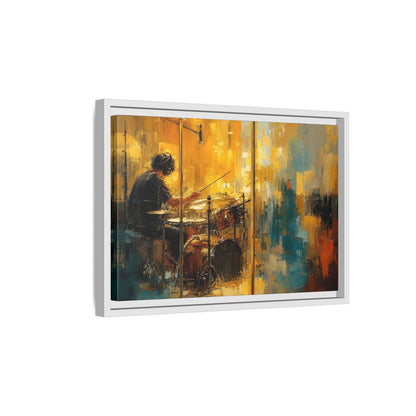 Side Mockup 4. Abstract Drummer Drummer Yellow Blue shown as framed canvas print
