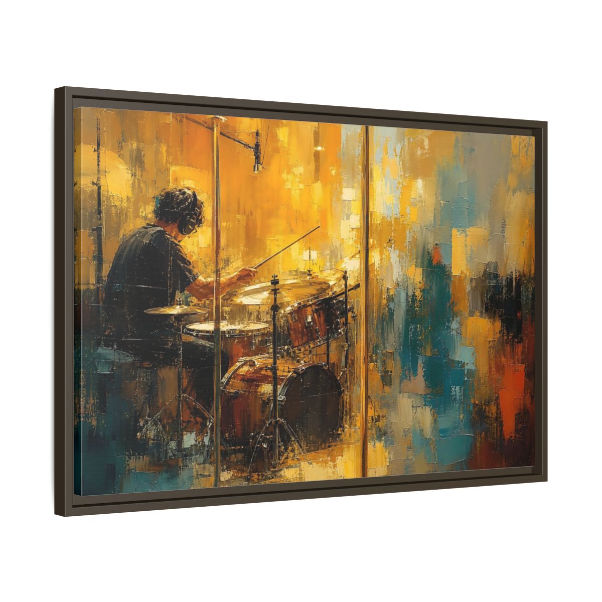 Side Mockup 11. Abstract Drummer Drummer Yellow Blue shown as framed canvas print