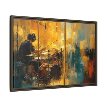 Side Mockup 11. Abstract Drummer Drummer Yellow Blue shown as framed canvas print
