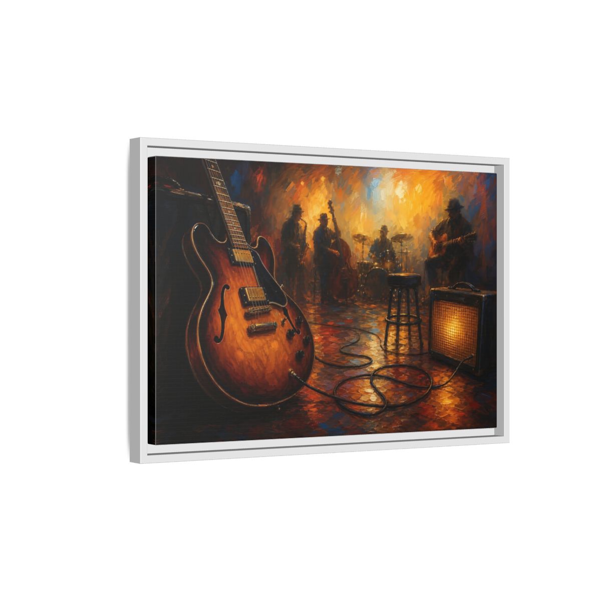 Side Mockup 1. Abstract Electric Guitar Jazz Music Scene shown as framed canvas print