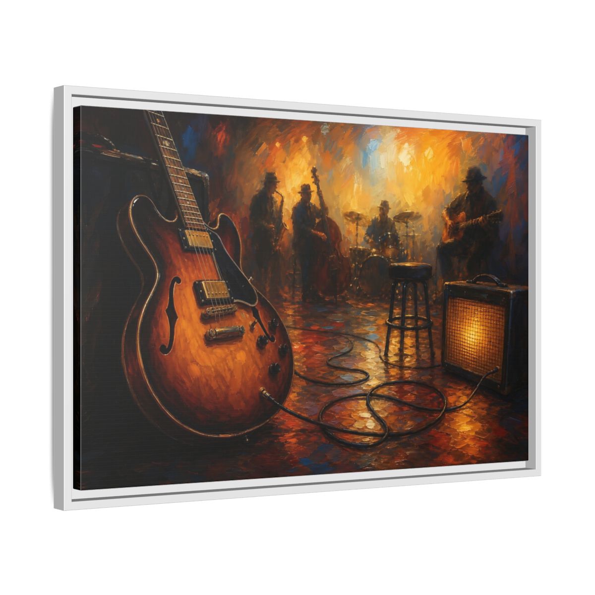 Side Mockup 10. Abstract Electric Guitar Jazz Music Scene shown as framed canvas print