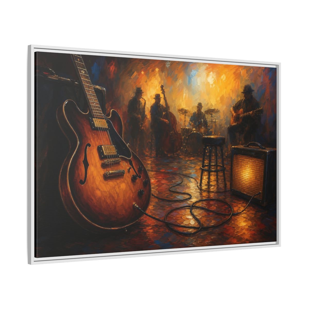 Side Mockup 7. Abstract Electric Guitar Jazz Music Scene shown as framed canvas print