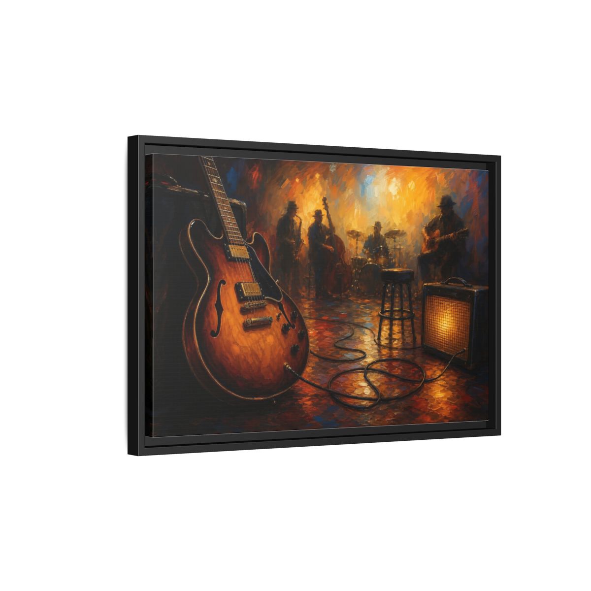 Side Mockup 3. Abstract Electric Guitar Jazz Music Scene shown as framed canvas print