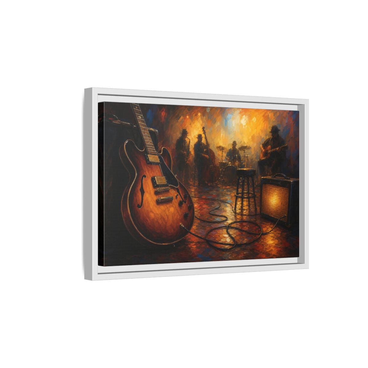 Side Mockup 4. Abstract Electric Guitar Jazz Music Scene shown as framed canvas print