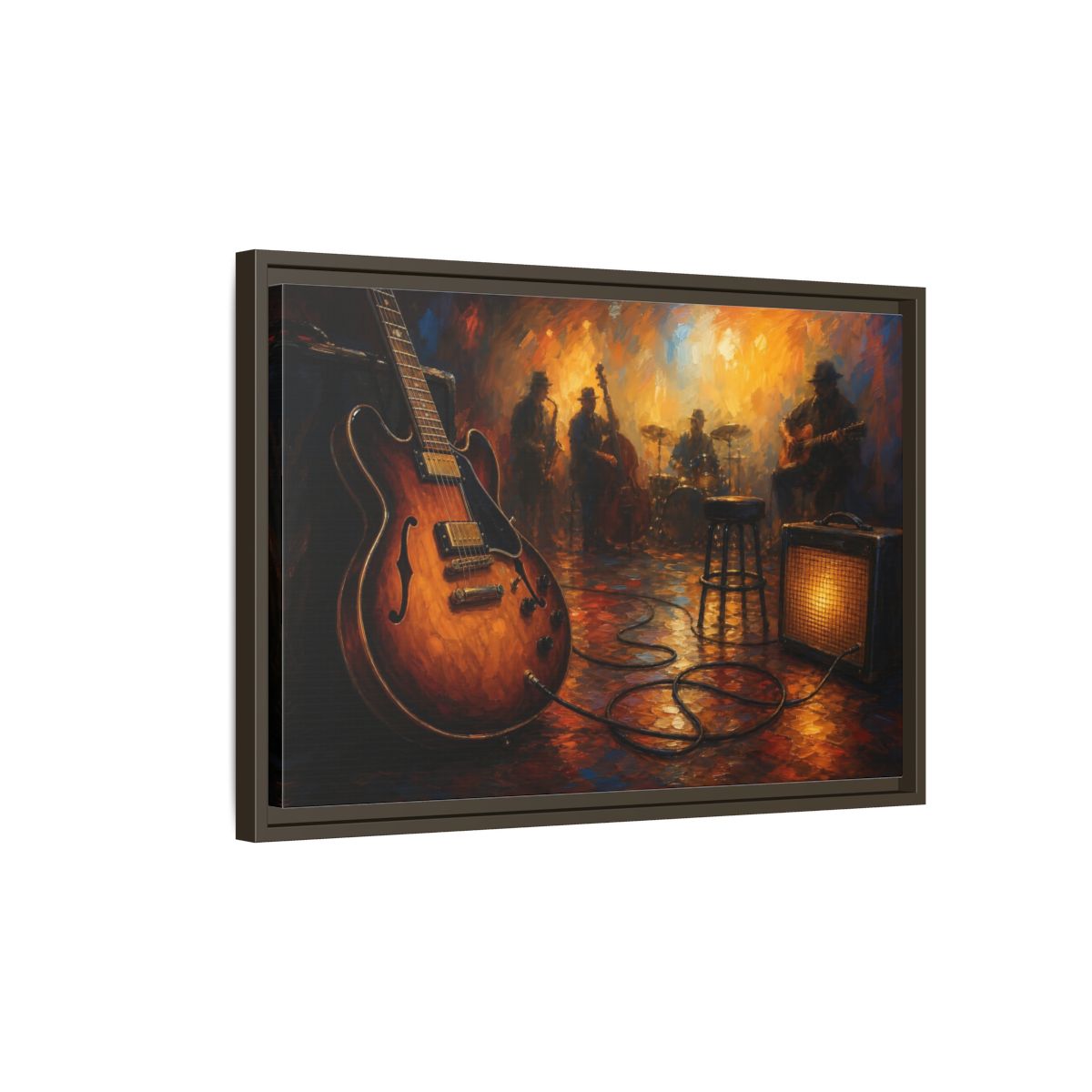 Side Mockup 2. Abstract Electric Guitar Jazz Music Scene shown as framed canvas print
