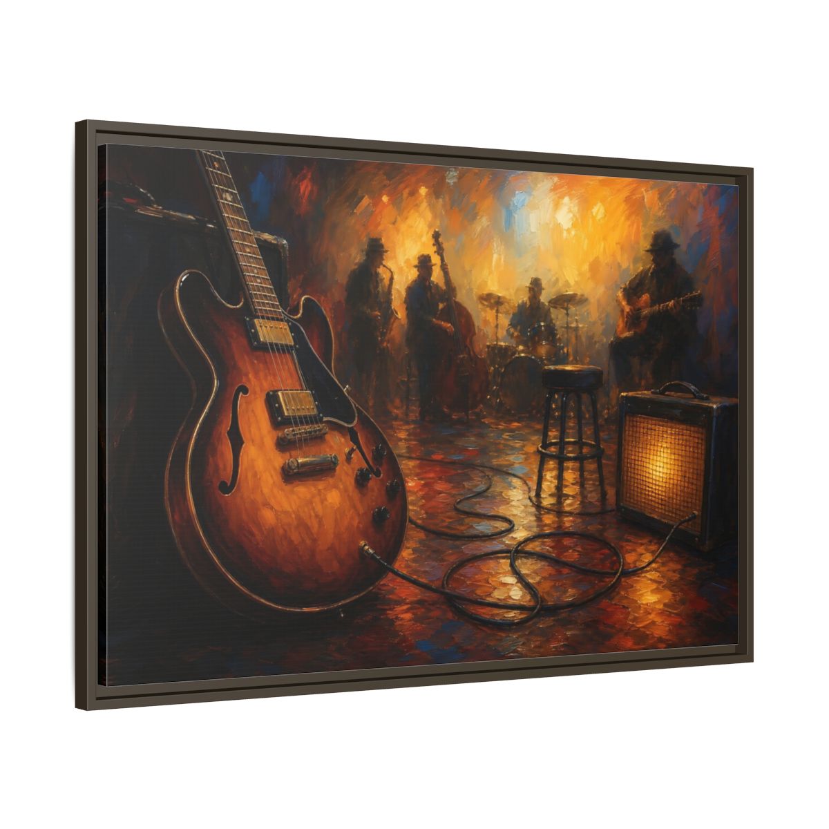 Main Mockup. Abstract Electric Guitar Jazz Music Scene shown as framed canvas print