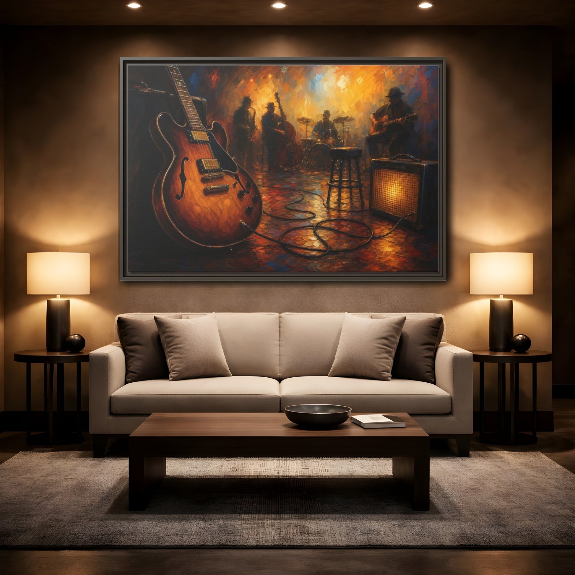 Mockup 2. Abstract Electric Guitar Jazz Music Scene shown as framed canvas print