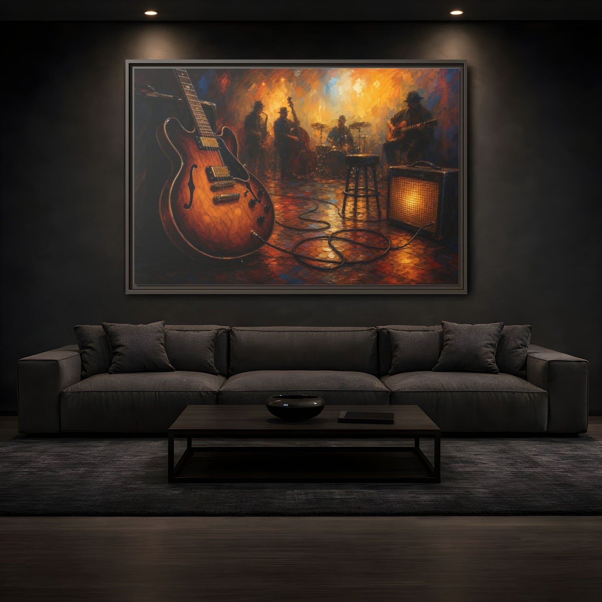 Mockup 3. Abstract Electric Guitar Jazz Music Scene shown as framed canvas print