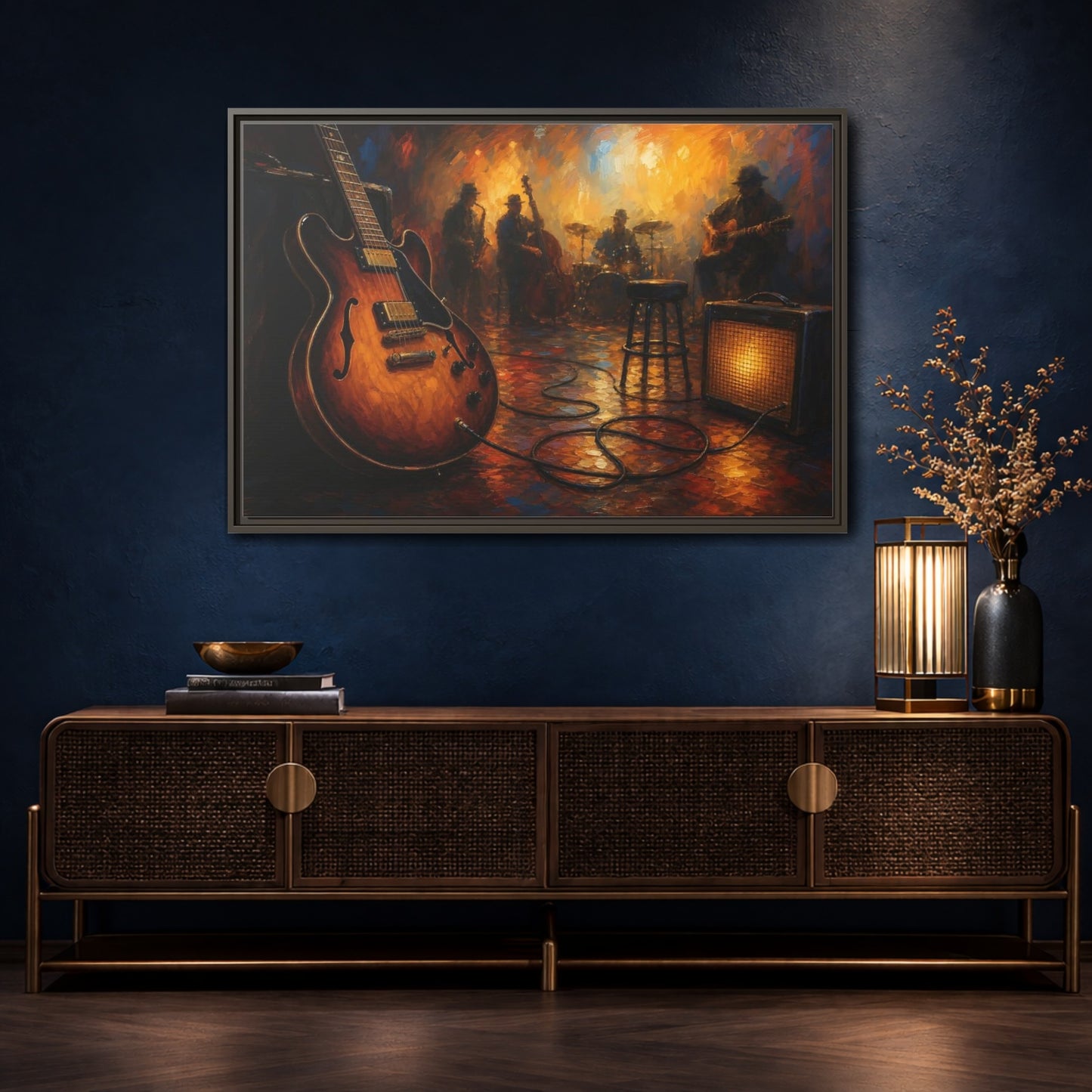 Mockup 4. Abstract Electric Guitar Jazz Music Scene shown as framed canvas print