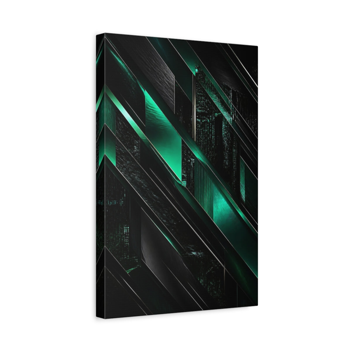 Side Mockup 4. Abstract Emerald Geometry shown as canvas print