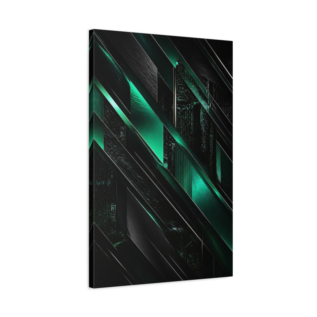 Side Mockup 2. Abstract Emerald Geometry shown as canvas print