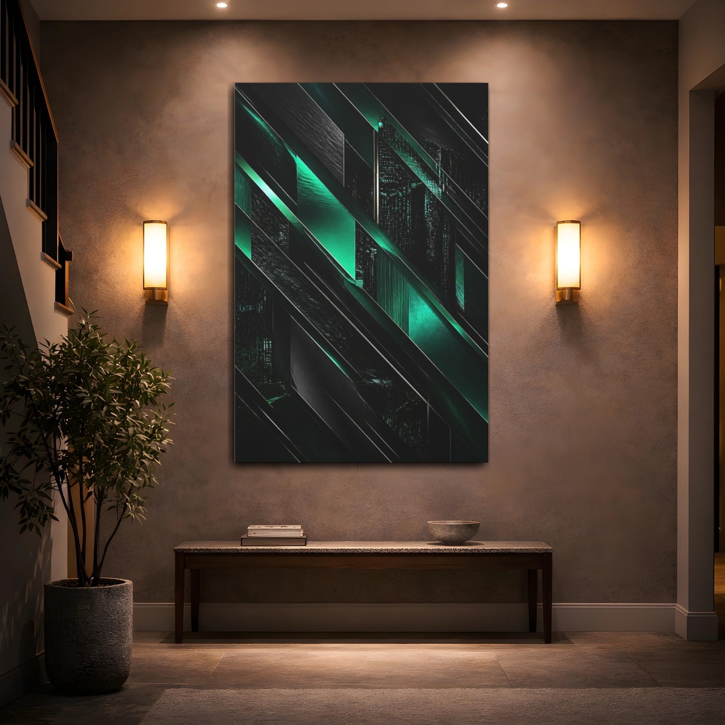 Mockup 2. Abstract Emerald Geometry shown as canvas print