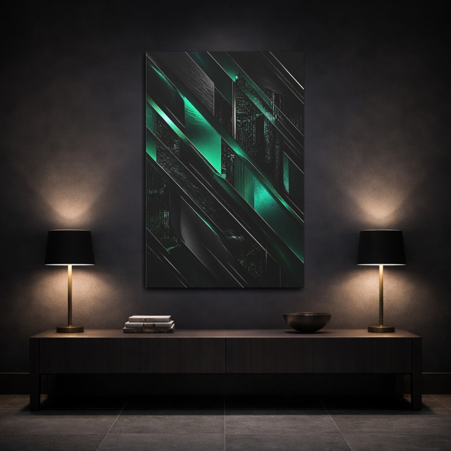 Mockup 3. Abstract Emerald Geometry shown as canvas print