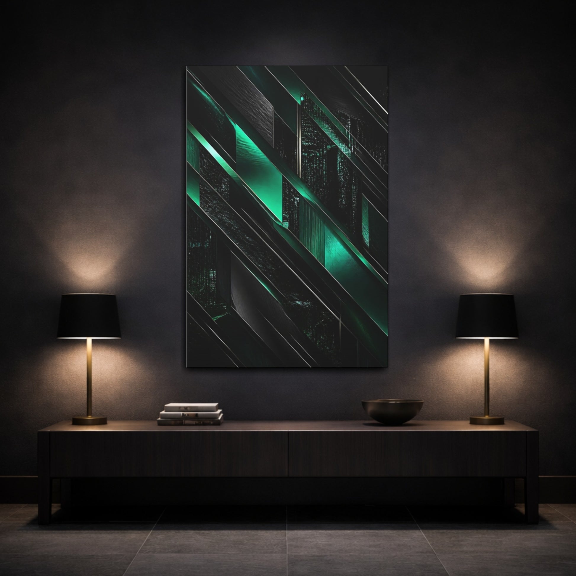 Mockup 3. Abstract Emerald Geometry shown as canvas print
