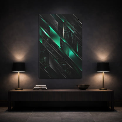Mockup 3. Abstract Emerald Geometry shown as canvas print