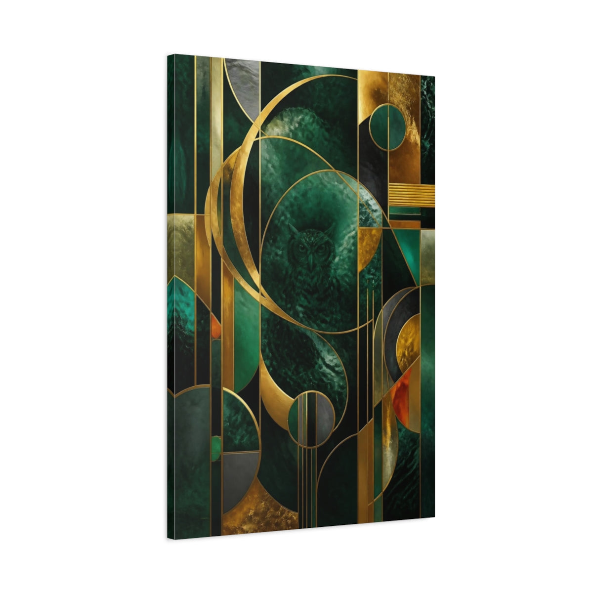 Main Mockup. Abstract Emerald Owl shown as canvas print