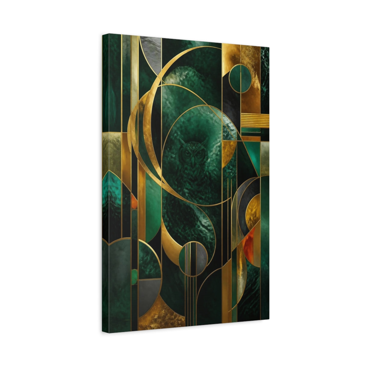 Side Mockup 3. Abstract Emerald Owl shown as canvas print