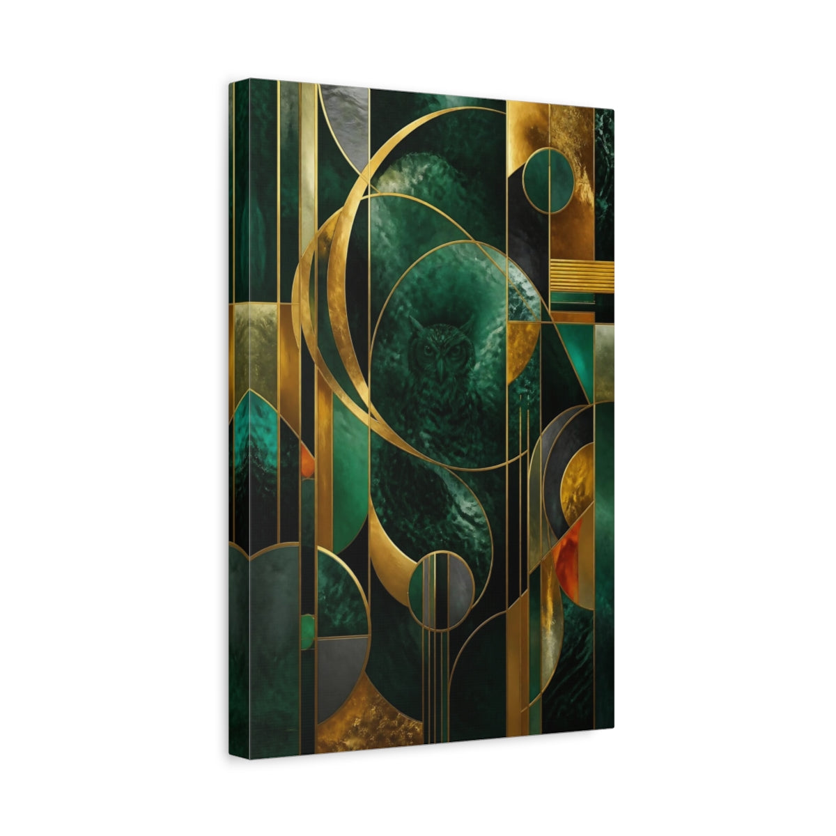 Side Mockup 4. Abstract Emerald Owl shown as canvas print