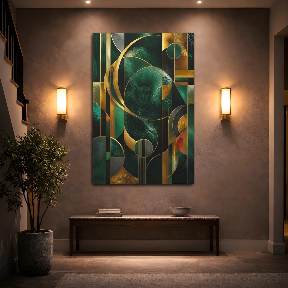Mockup 2. Abstract Emerald Owl shown as canvas print