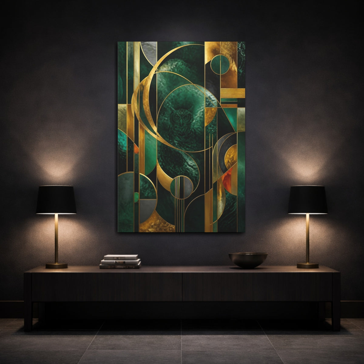 Mockup 3. Abstract Emerald Owl shown as canvas print