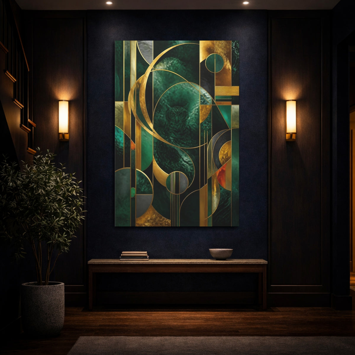 Mockup 4. Abstract Emerald Owl shown as canvas print