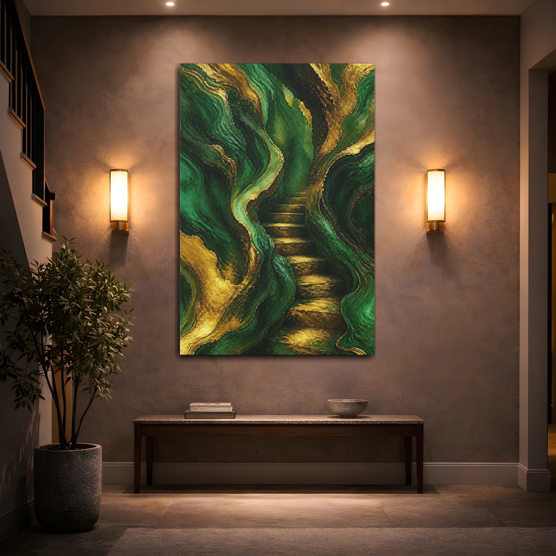 Mockup 2. Abstract Emerald Staircase shown as canvas print