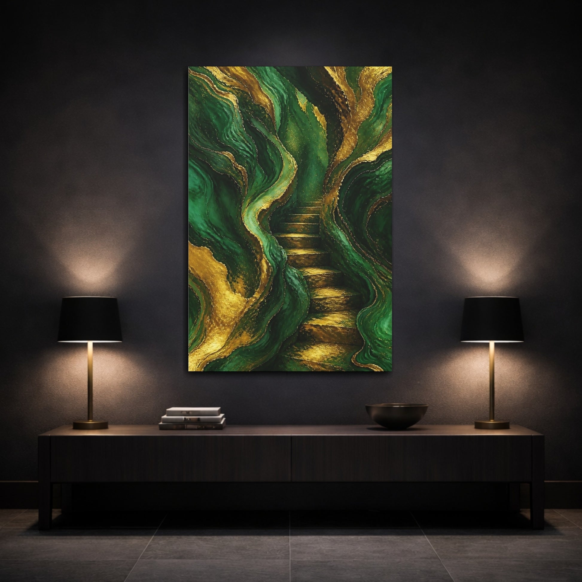 Mockup 3. Abstract Emerald Staircase shown as canvas print