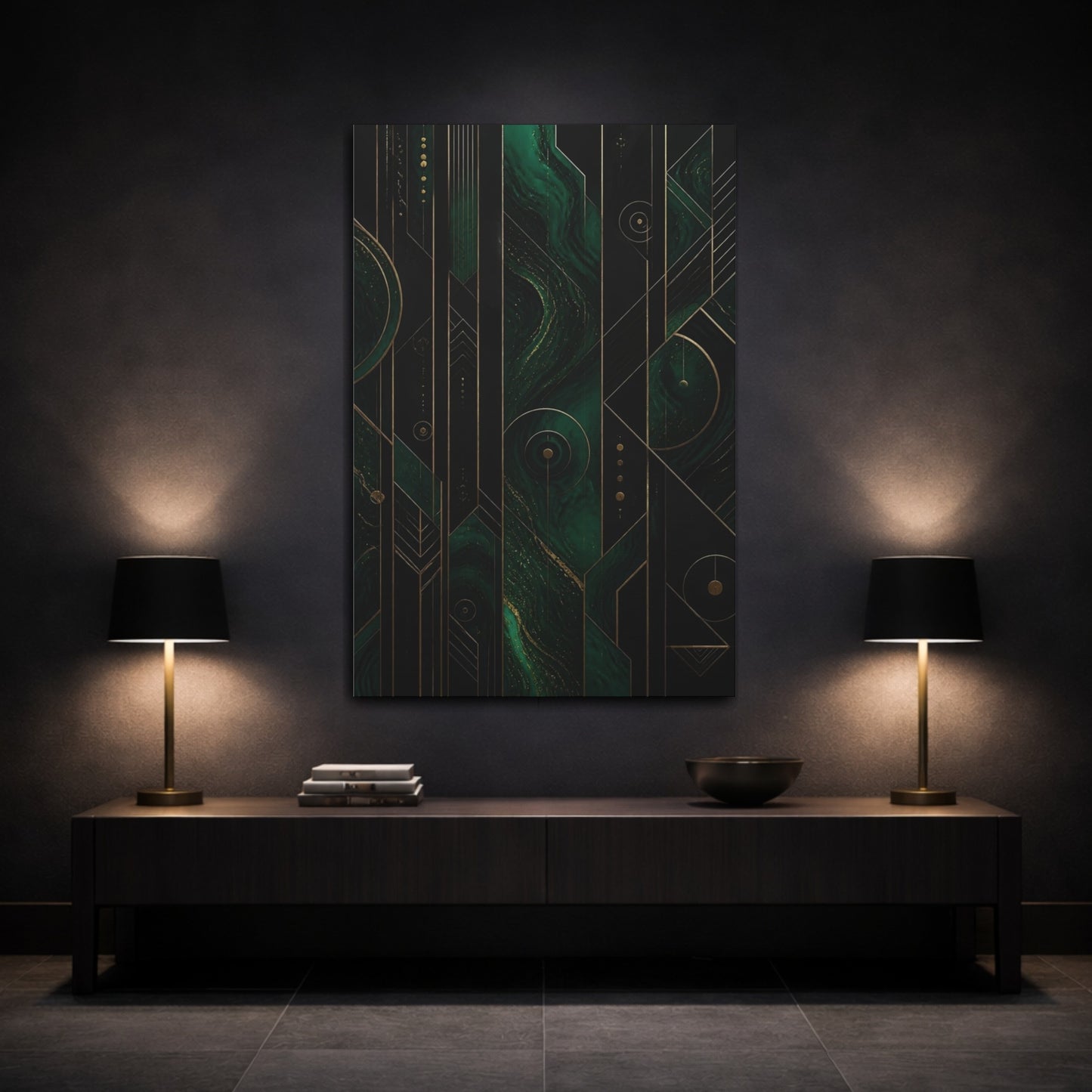 Mockup 3. Abstract Emerald Swirl shown as canvas print