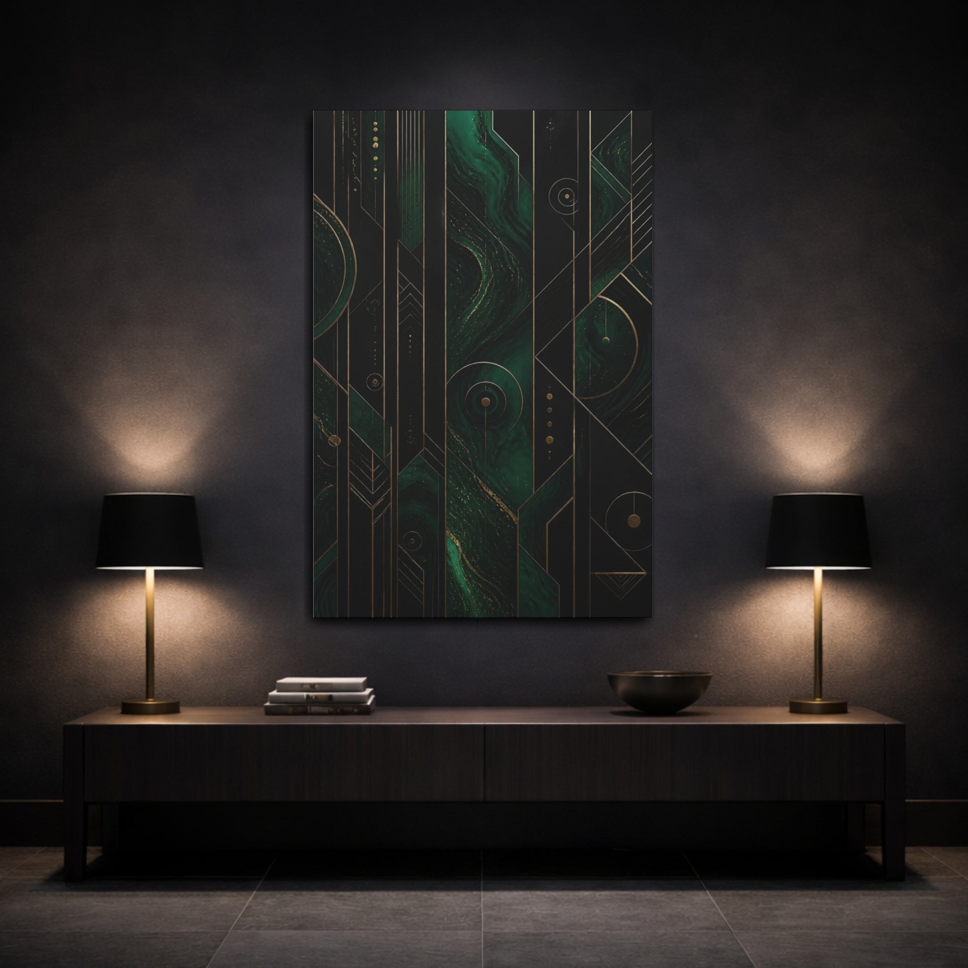 Mockup 3. Abstract Emerald Swirl shown as canvas print