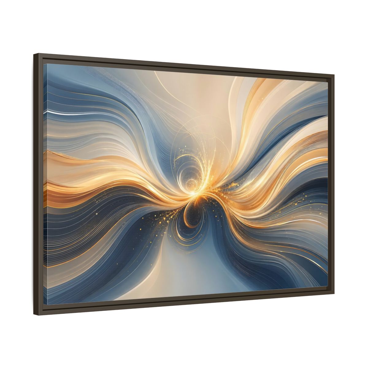 Main Mockup. Abstract Energy Flow Blue Gold Abstract shown as stretched canvas wall art