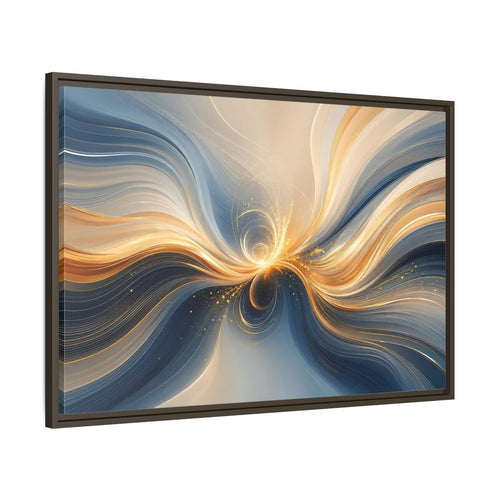 Main Mockup. Abstract Energy Flow Blue Gold Abstract shown as stretched canvas wall art