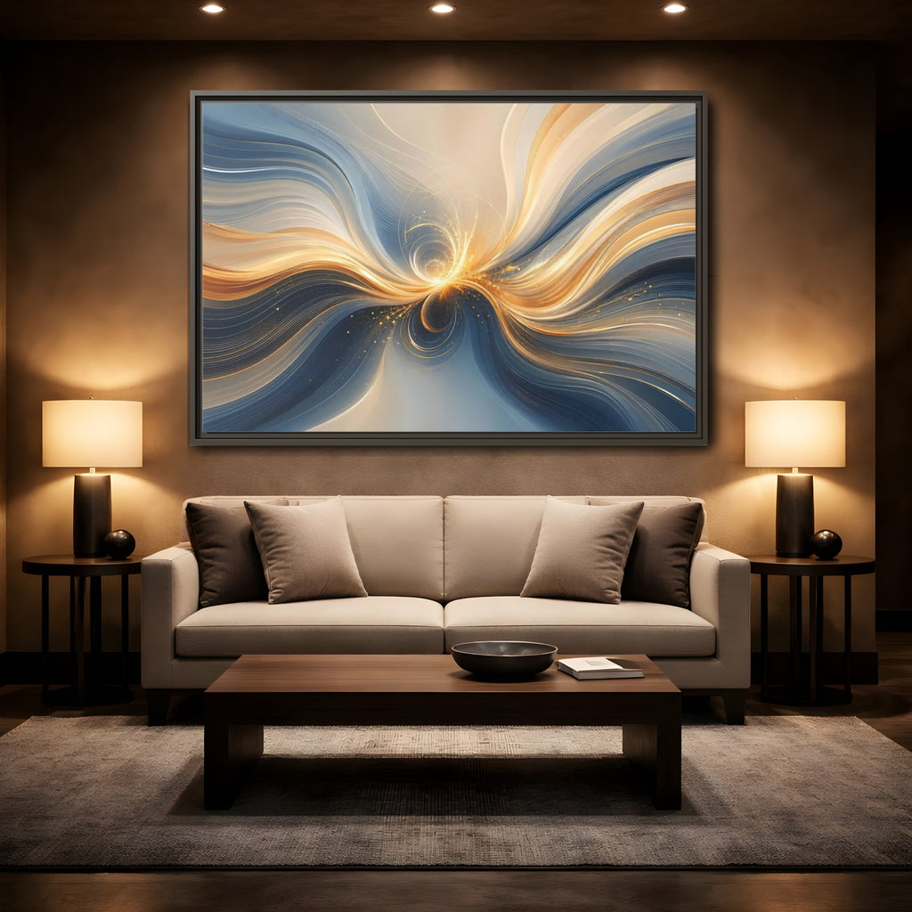 Mockup 2. Abstract Energy Flow Blue Gold Abstract shown as stretched canvas wall art