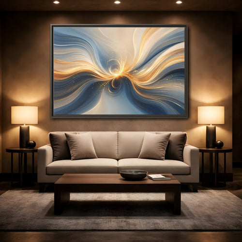 Mockup 2. Abstract Energy Flow Blue Gold Abstract shown as stretched canvas wall art