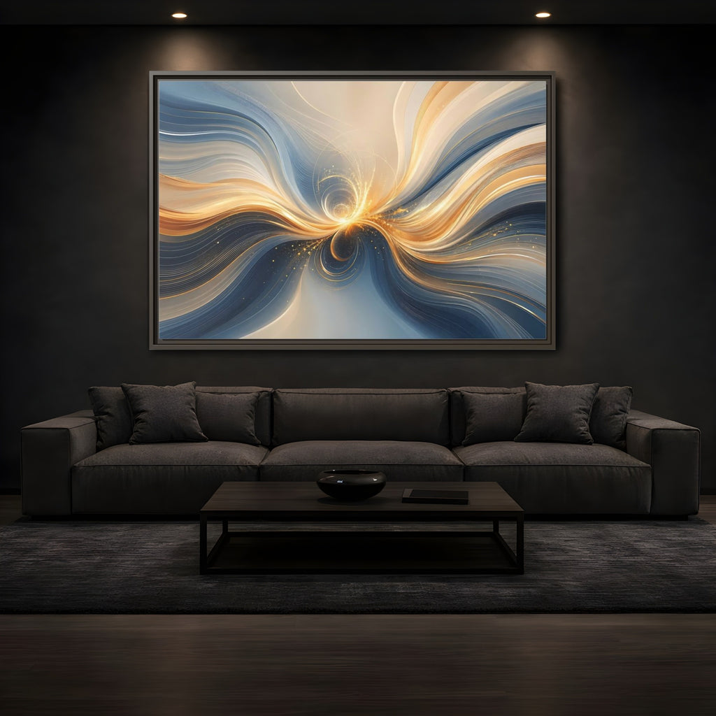 Mockup 3. Abstract Energy Flow Blue Gold Abstract shown as stretched canvas wall art