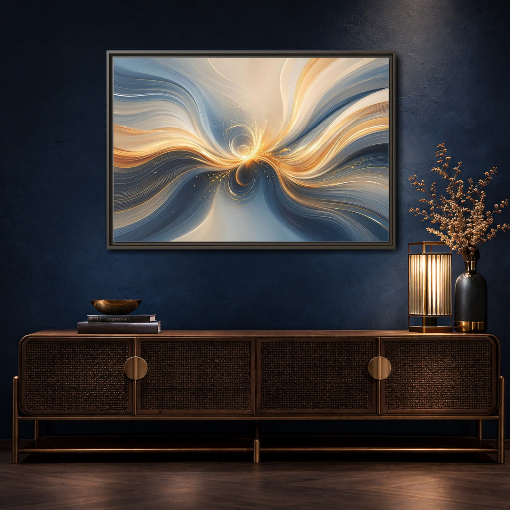 Mockup 4. Abstract Energy Flow Blue Gold Abstract shown as stretched canvas wall art
