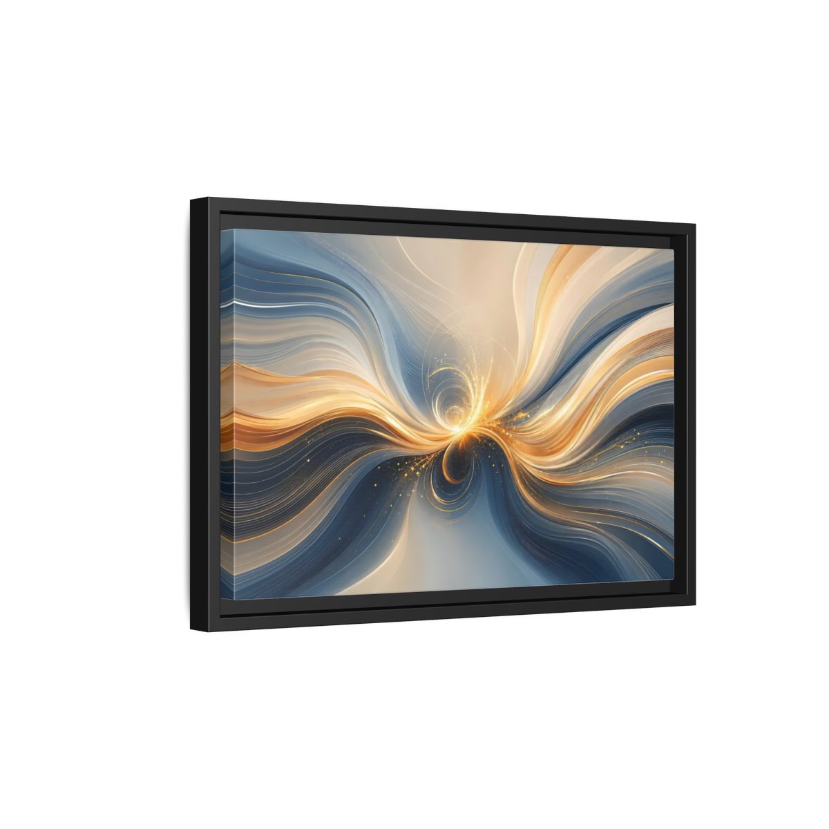 Side Mockup 6. Abstract Energy Flow Blue Gold Abstract shown as stretched canvas wall art