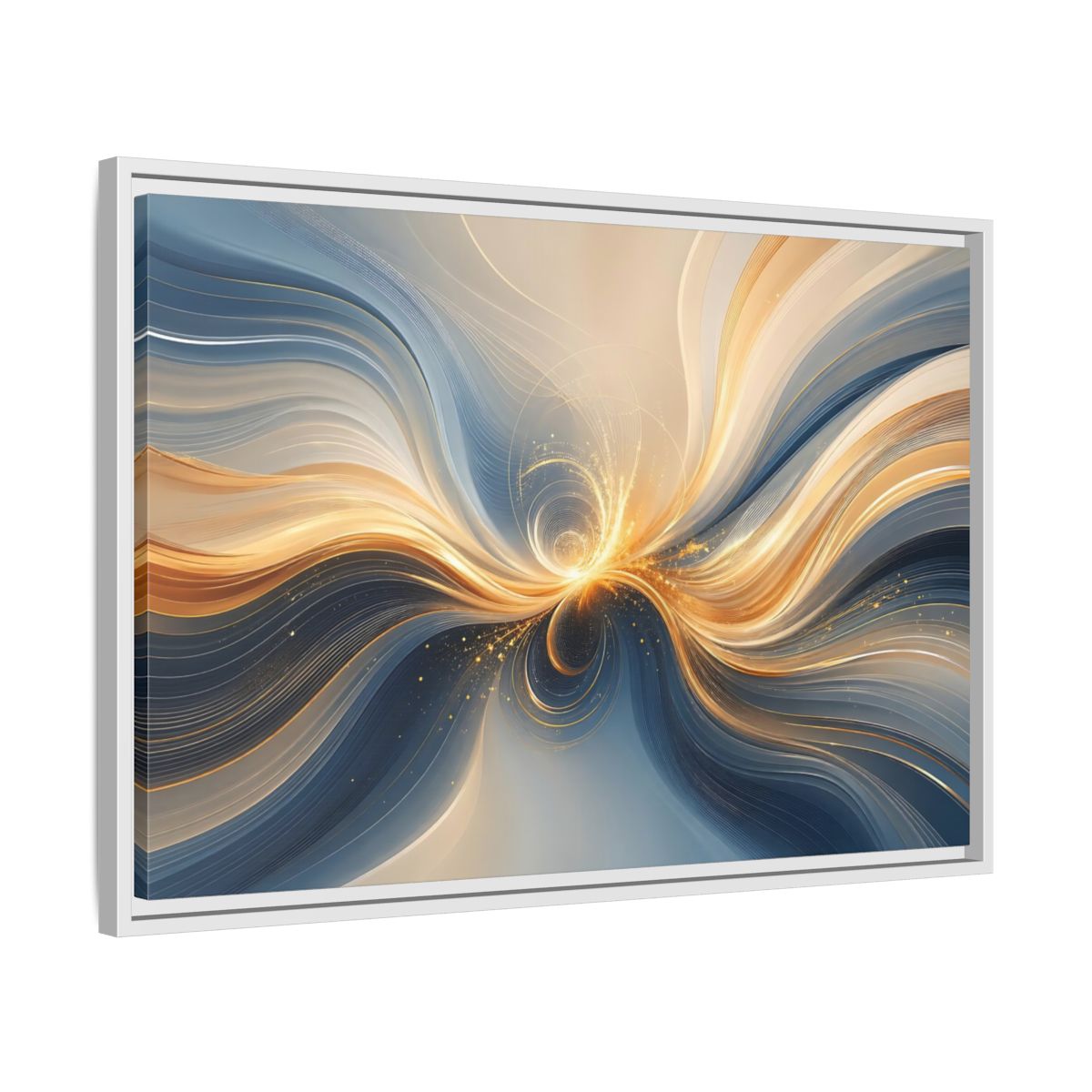 Side Mockup 10. Abstract Energy Flow Blue Gold Abstract shown as stretched canvas wall art