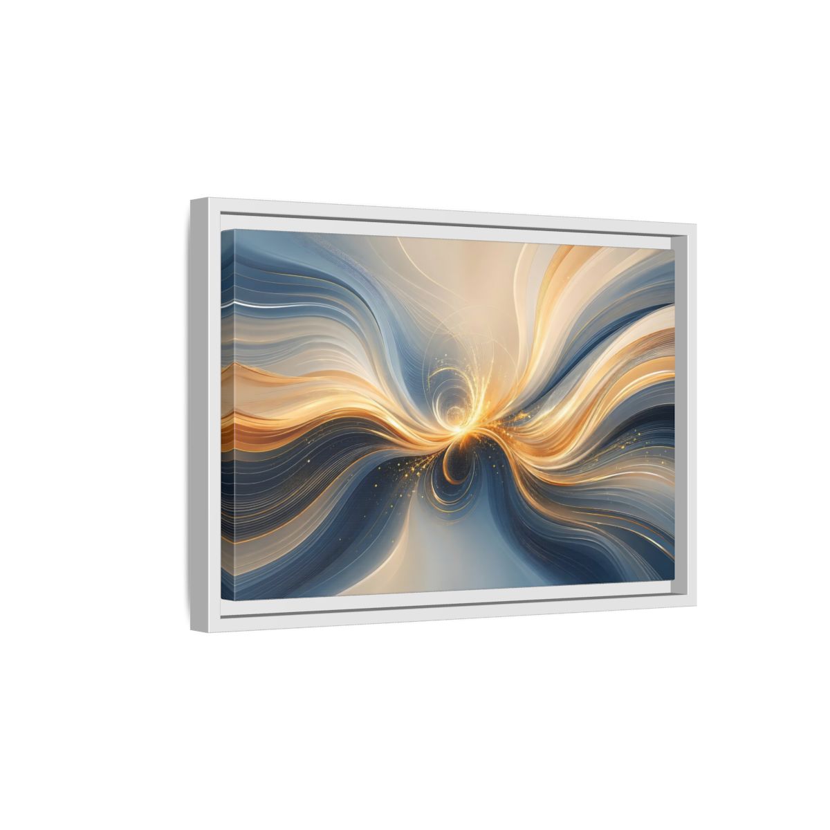 Side Mockup 4. Abstract Energy Flow Blue Gold Abstract shown as stretched canvas wall art